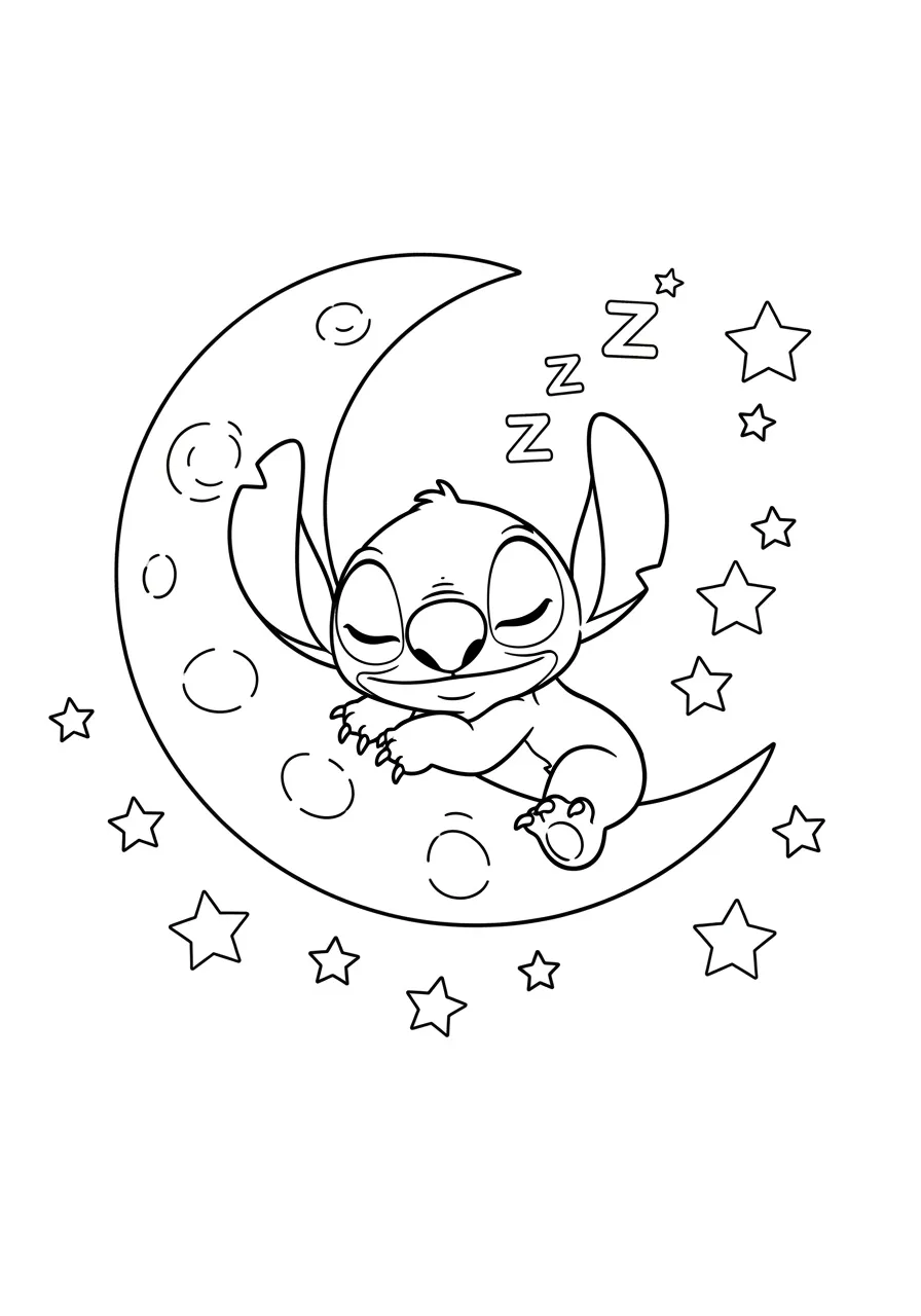 Desenho do Stitch dormindo em uma lua cheia com estrelas ao redor para colorir