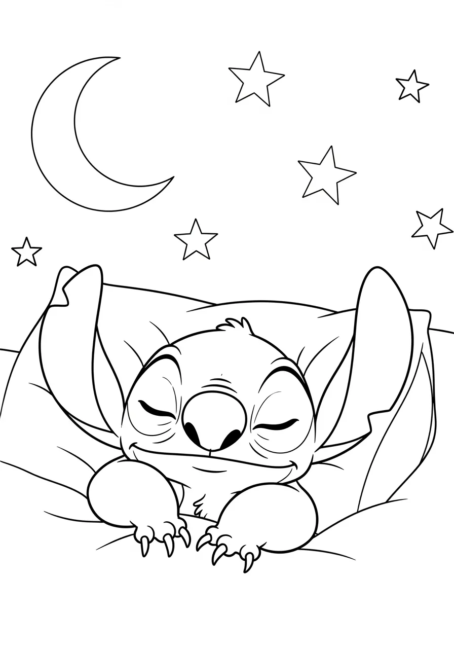 Desenho para colorir do Stitch dormindo sob a lua e estrelas