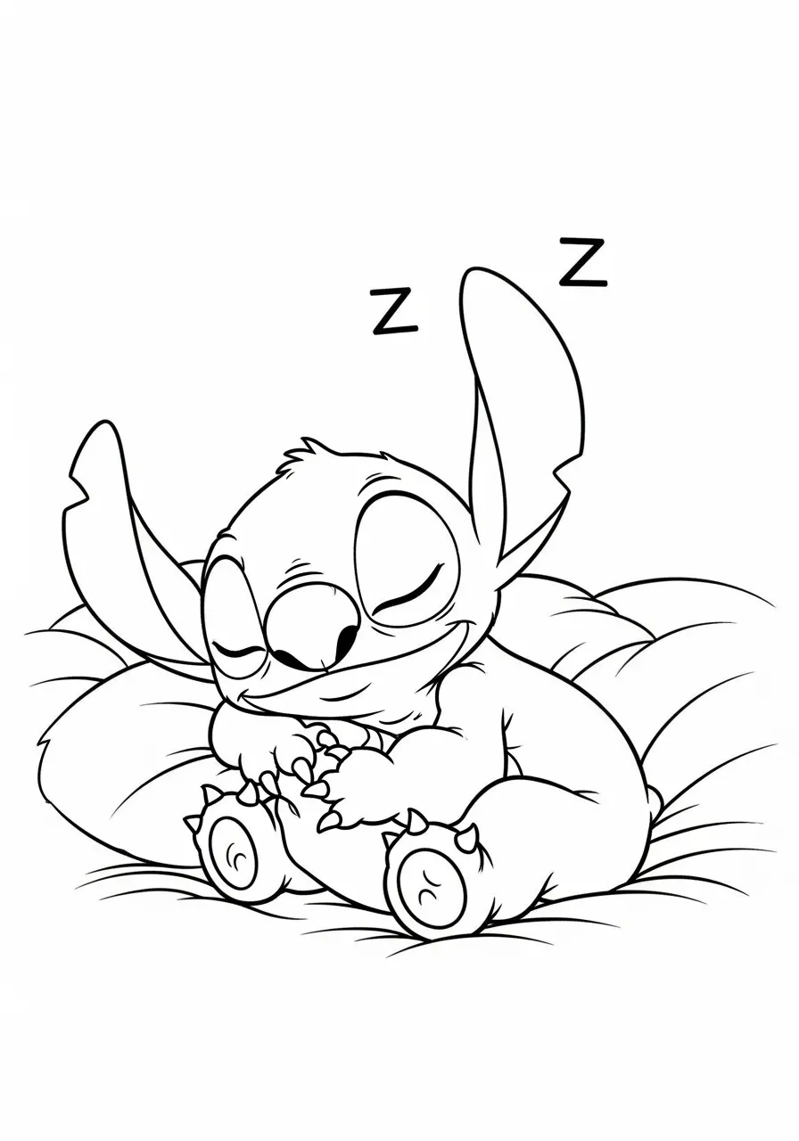 Imagem de Stitch dormindo tranquilamente em uma almofada para colorir