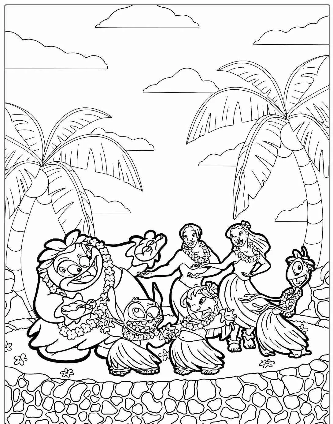 Imagem de Stitch e amigos dançando hula sob palmeiras na praia para colorir