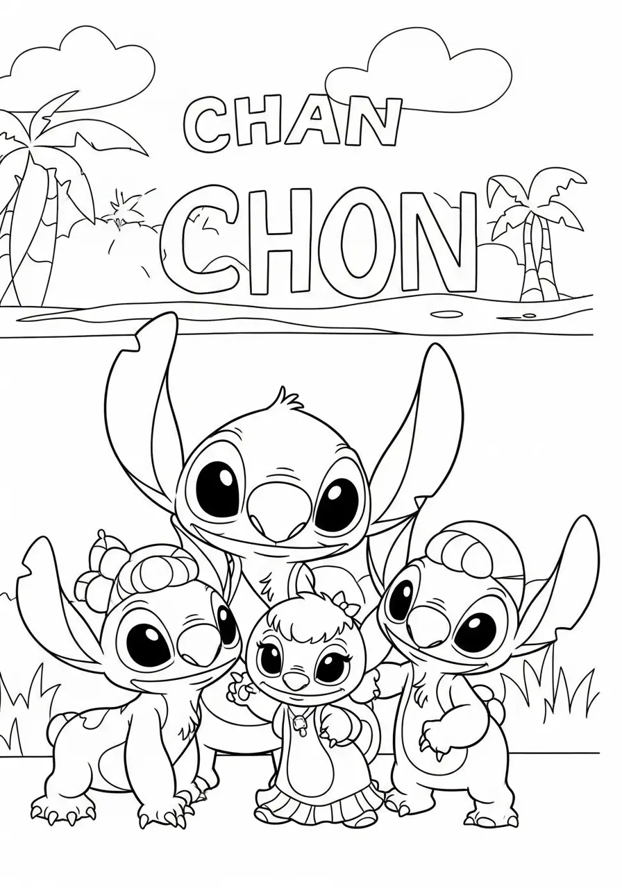 Desenho do Stitch e seus amigos prontos para colorir