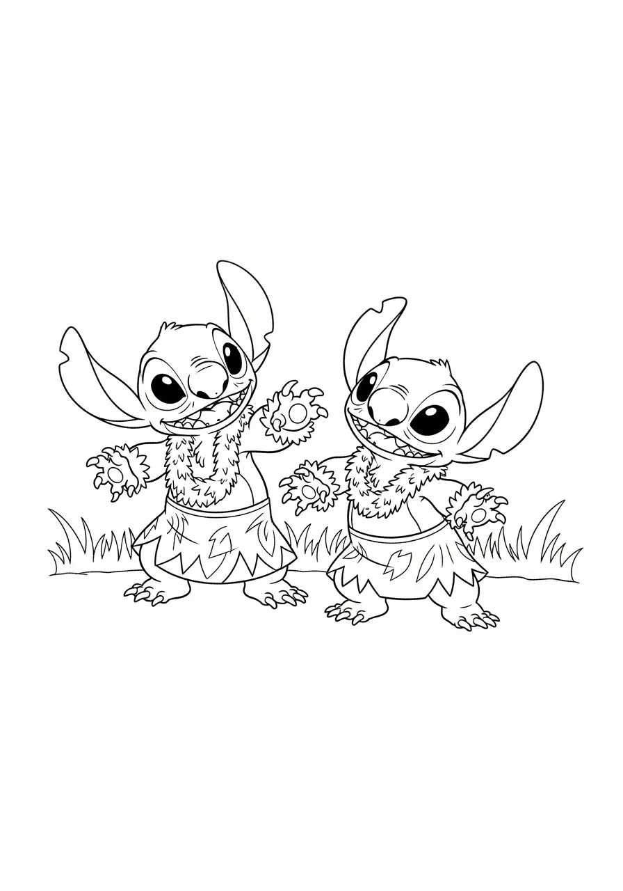 Imagem de Stitch e Angel dançando hula para colorir