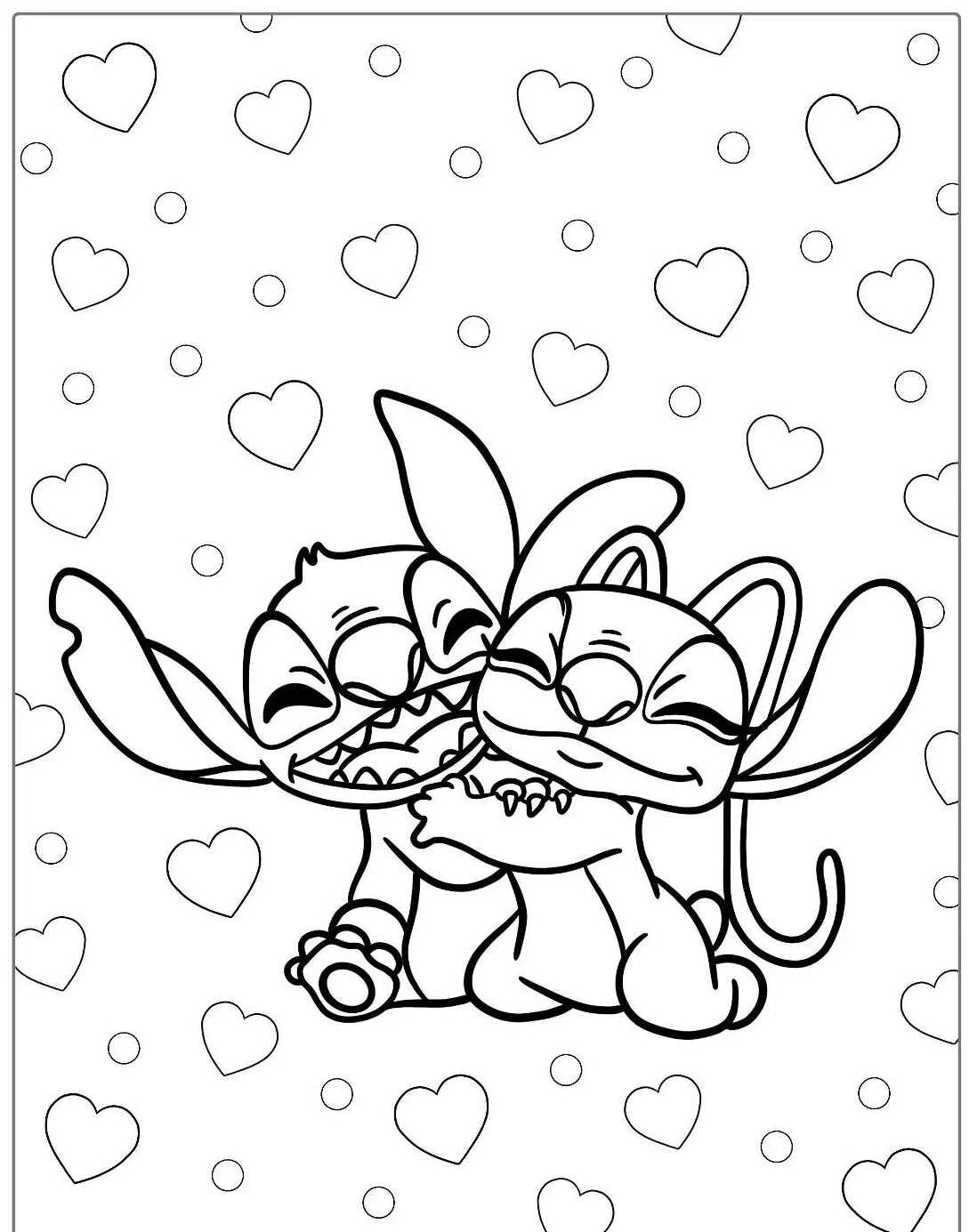 Desenho para colorir do Stitch e Angel abraçados com corações ao fundo