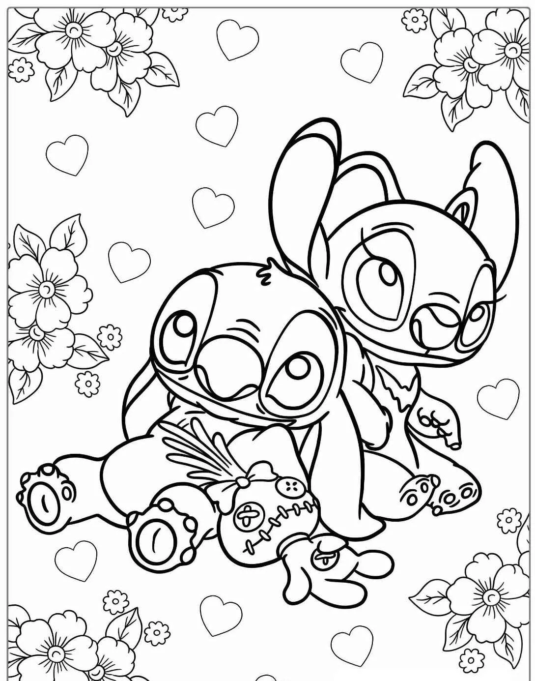 Desenho para colorir do Stitch e Angel cercados por flores e corações