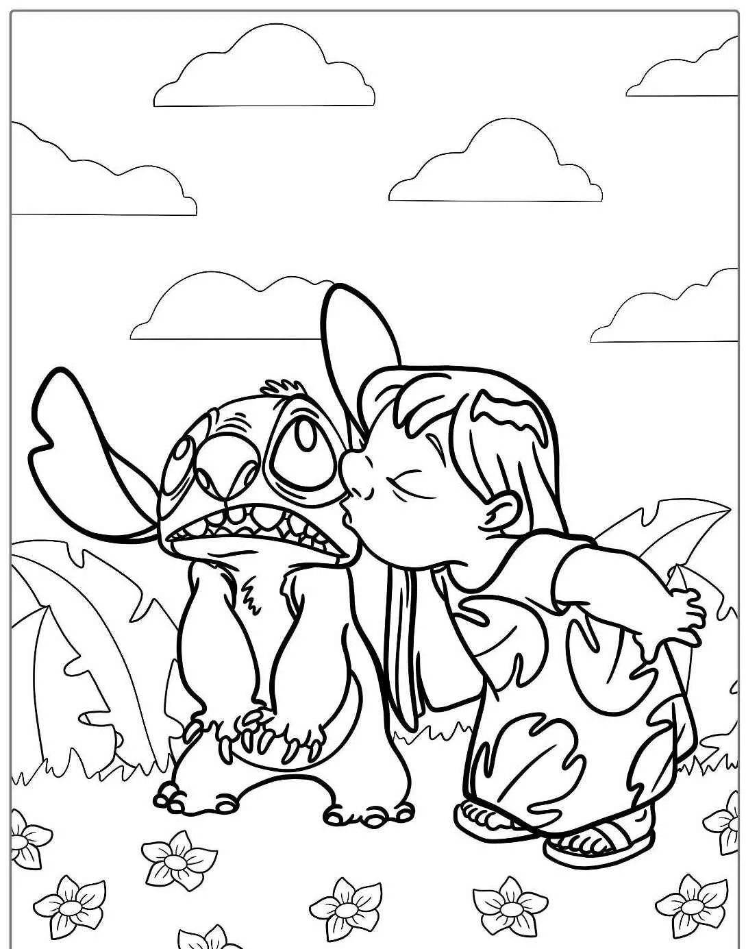 Imagem para colorir de Lilo beijando Stitch em um cenário tropical