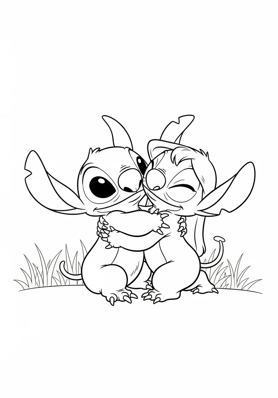 Desenho para colorir do Stitch e Lilo se abraçando