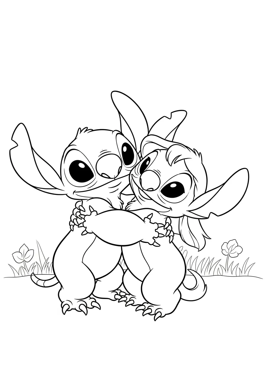 Desenho para colorir do Stitch e Lilo se abraçando