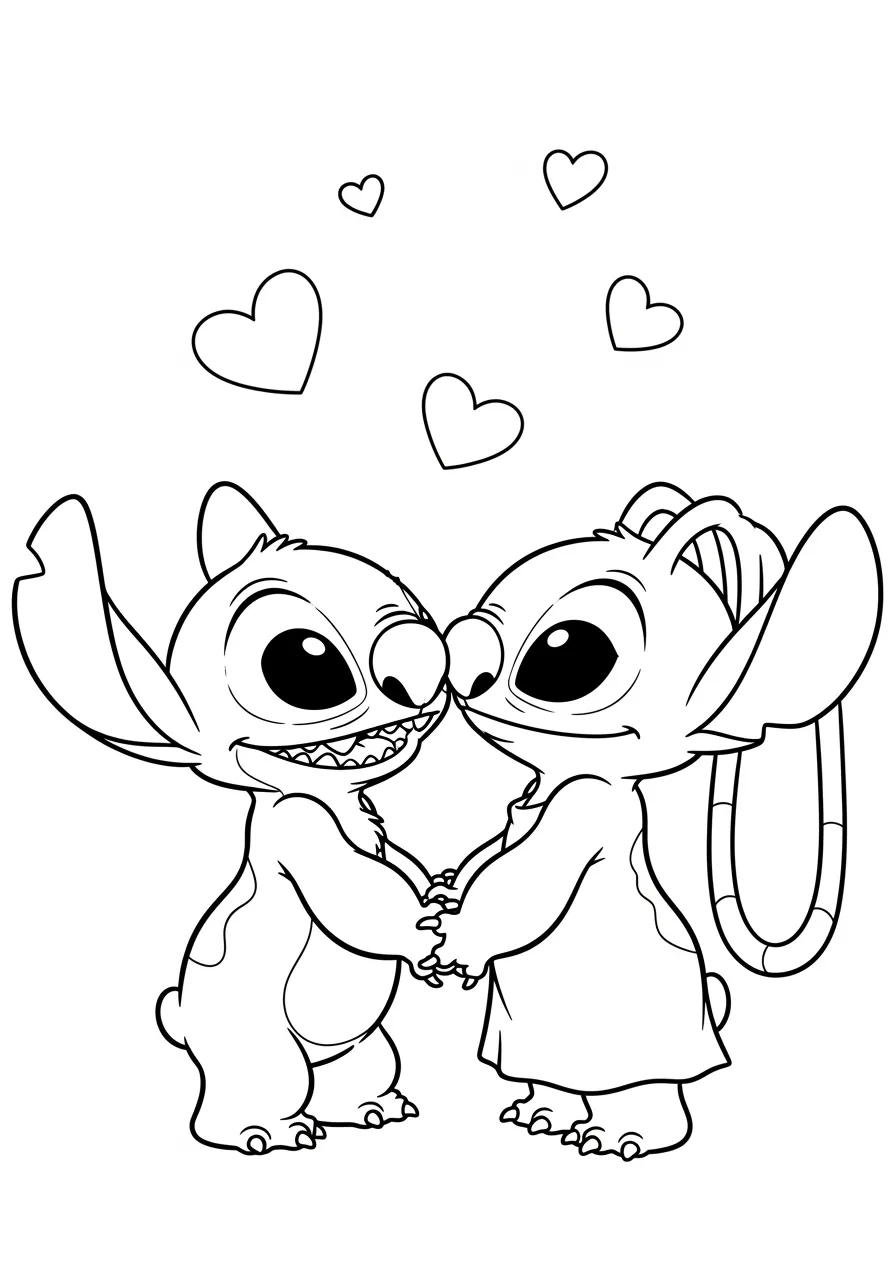 Desenho do Stitch e Lilo segurando as mãos com corações ao redor para colorir