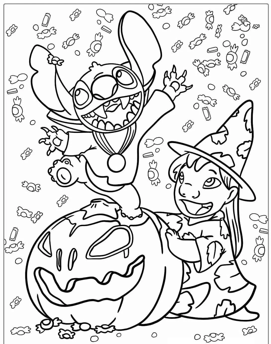 Stitch e Lilo celebrando o Halloween com uma abóbora e doces ao redor