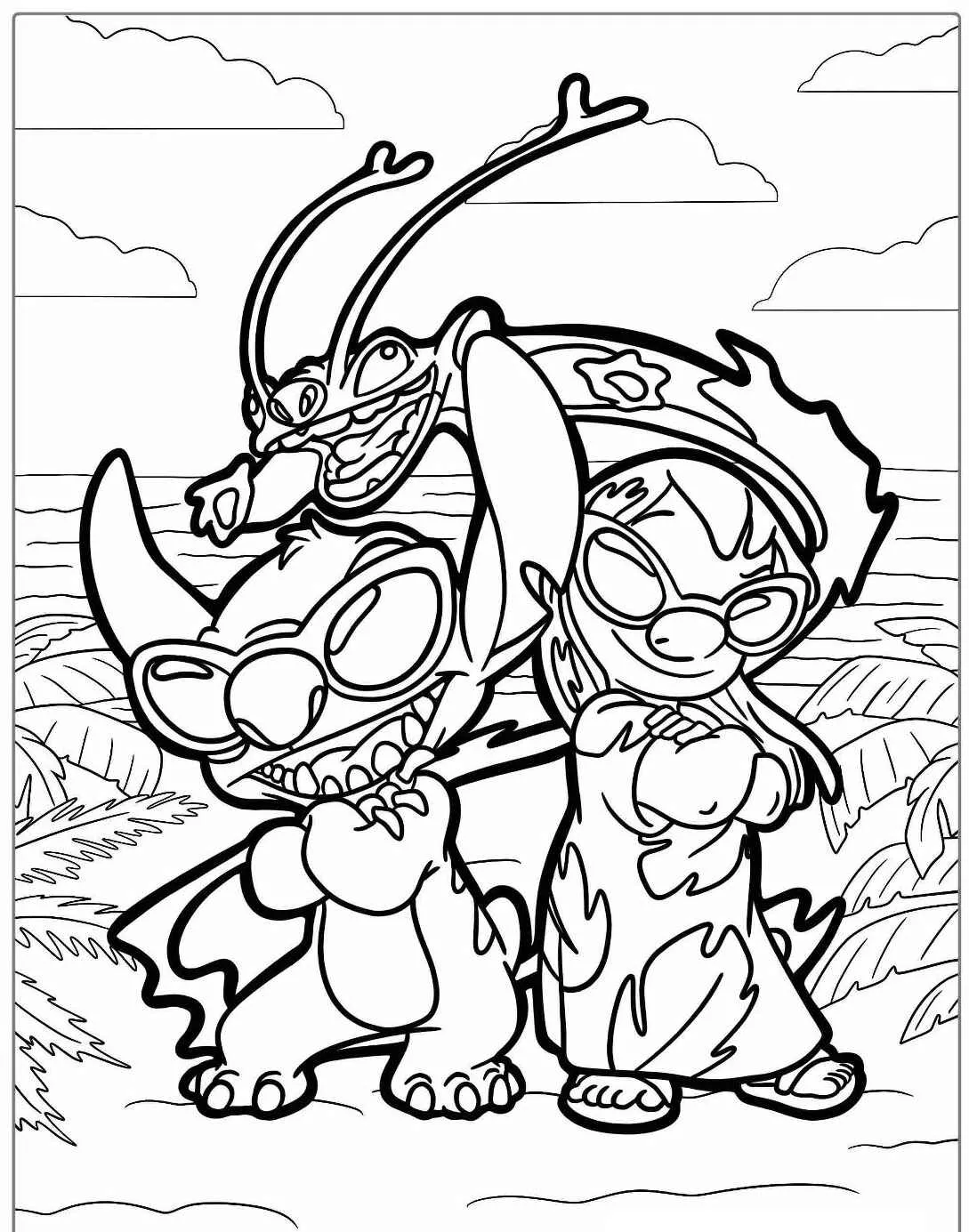 Stitch e Lilo usando óculos de sol em uma cena divertida para colorir