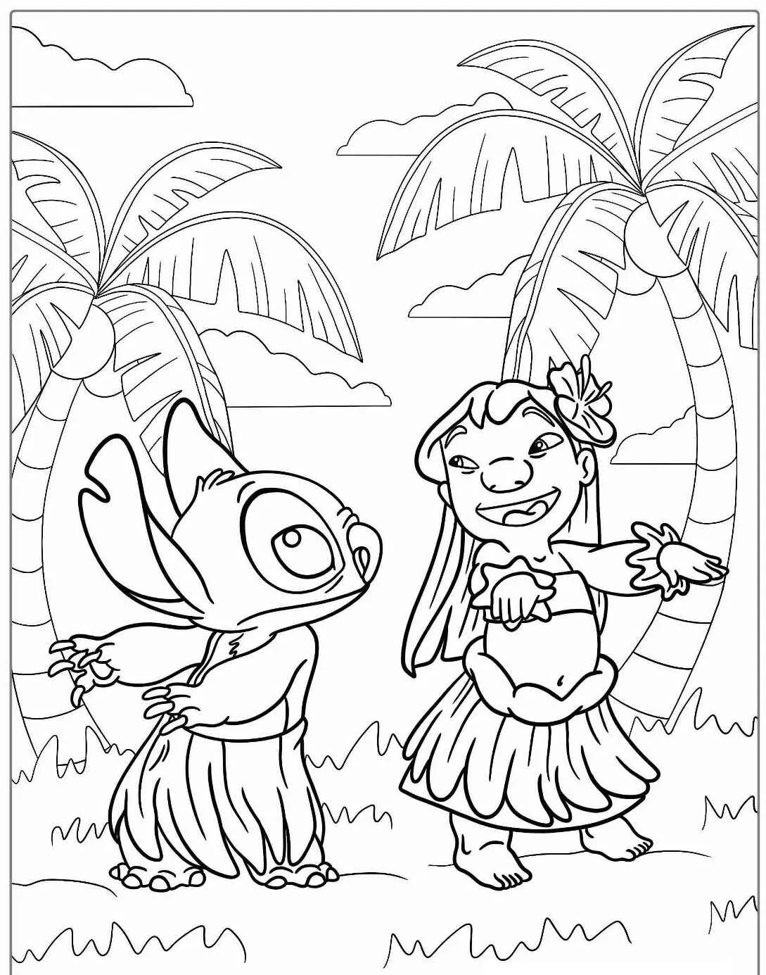 Stitch e Lilo dançando hula em um cenário tropical com palmeiras