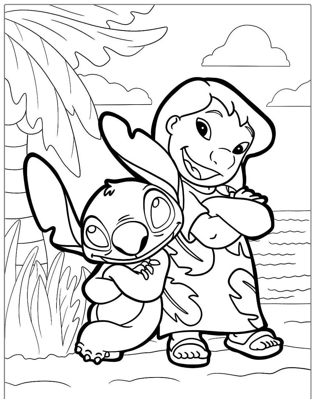 Imagem para colorir do Stitch e Lilo de braços cruzados na praia