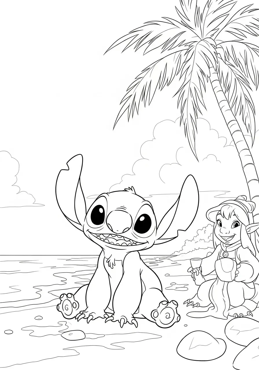 Desenho para colorir do Stitch e Lilo na praia com palmeiras