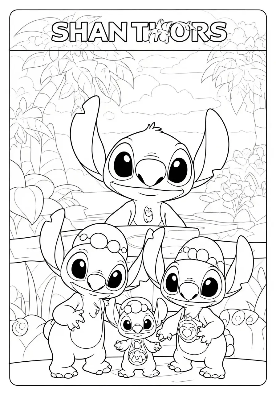 Desenho do Stitch com seus amigos em um cenário tropical para colorir