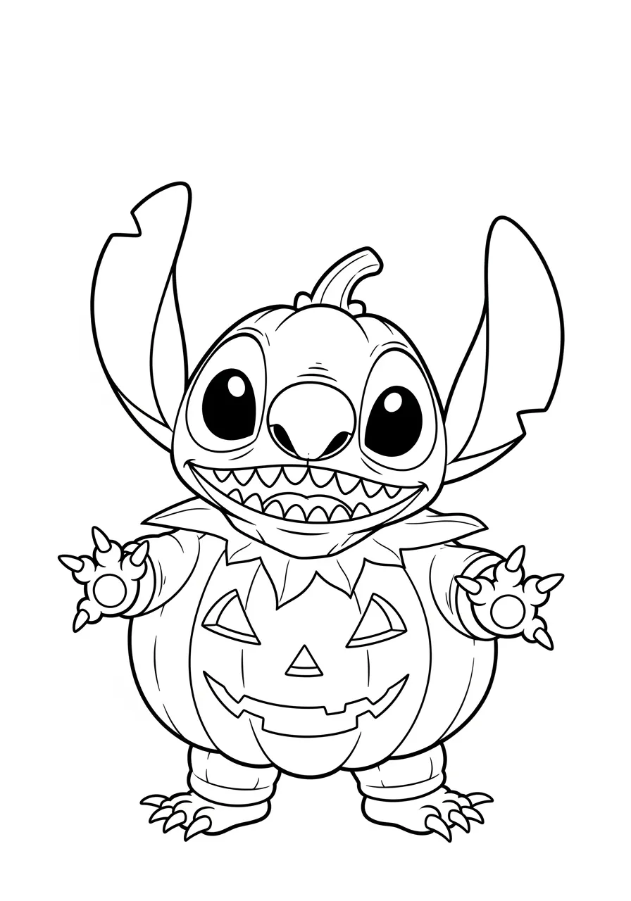 Desenho para colorir do Stitch vestido de abóbora com sorriso