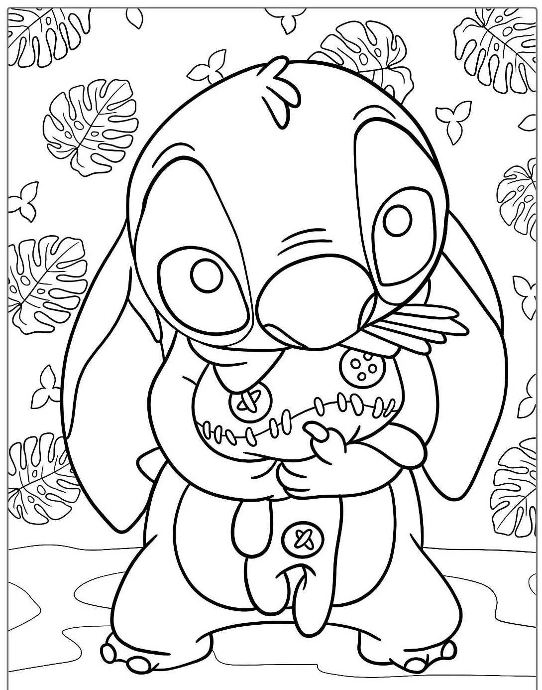 Desenho para colorir do Stitch abraçando um brinquedo com folhas ao fundo
