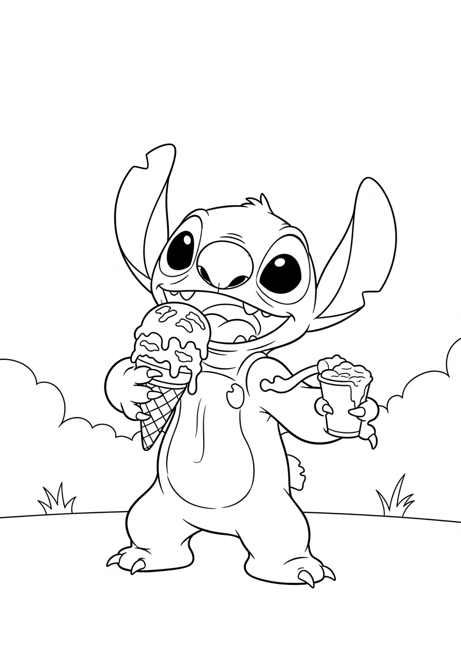 Desenho para colorir do Stitch segurando um sorvete