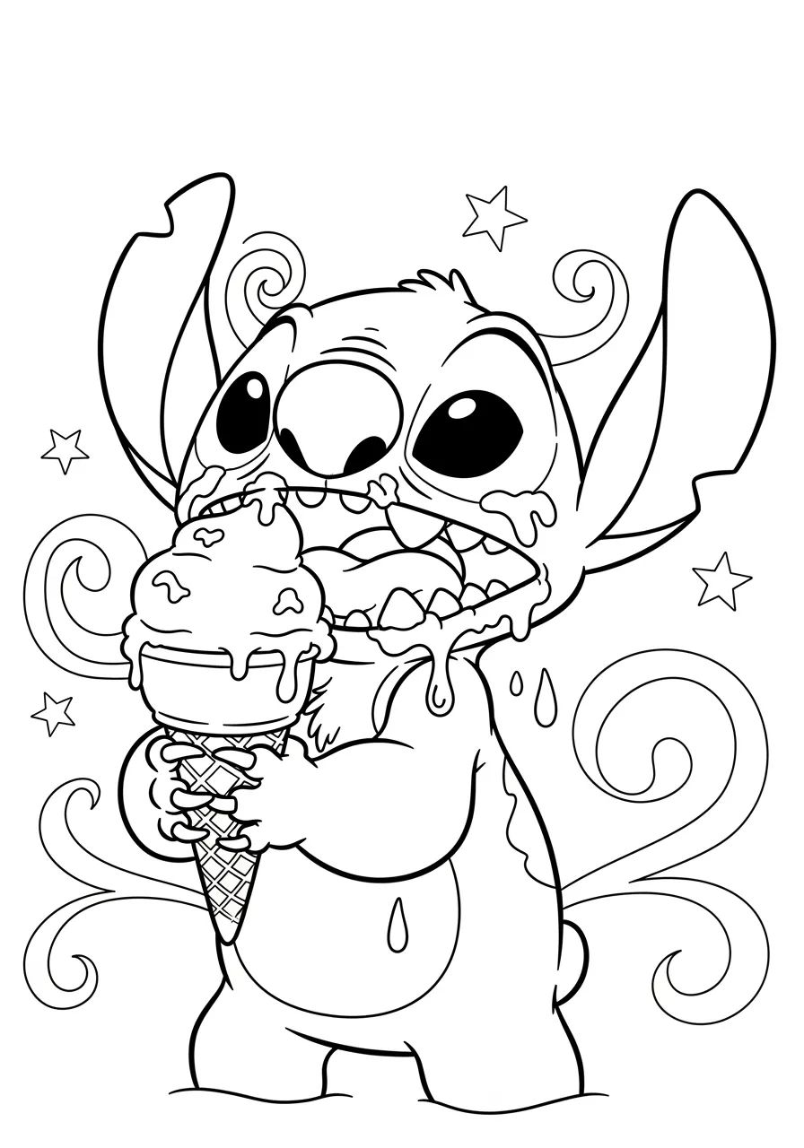 Desenho do Stitch segurando um sorvete derretido