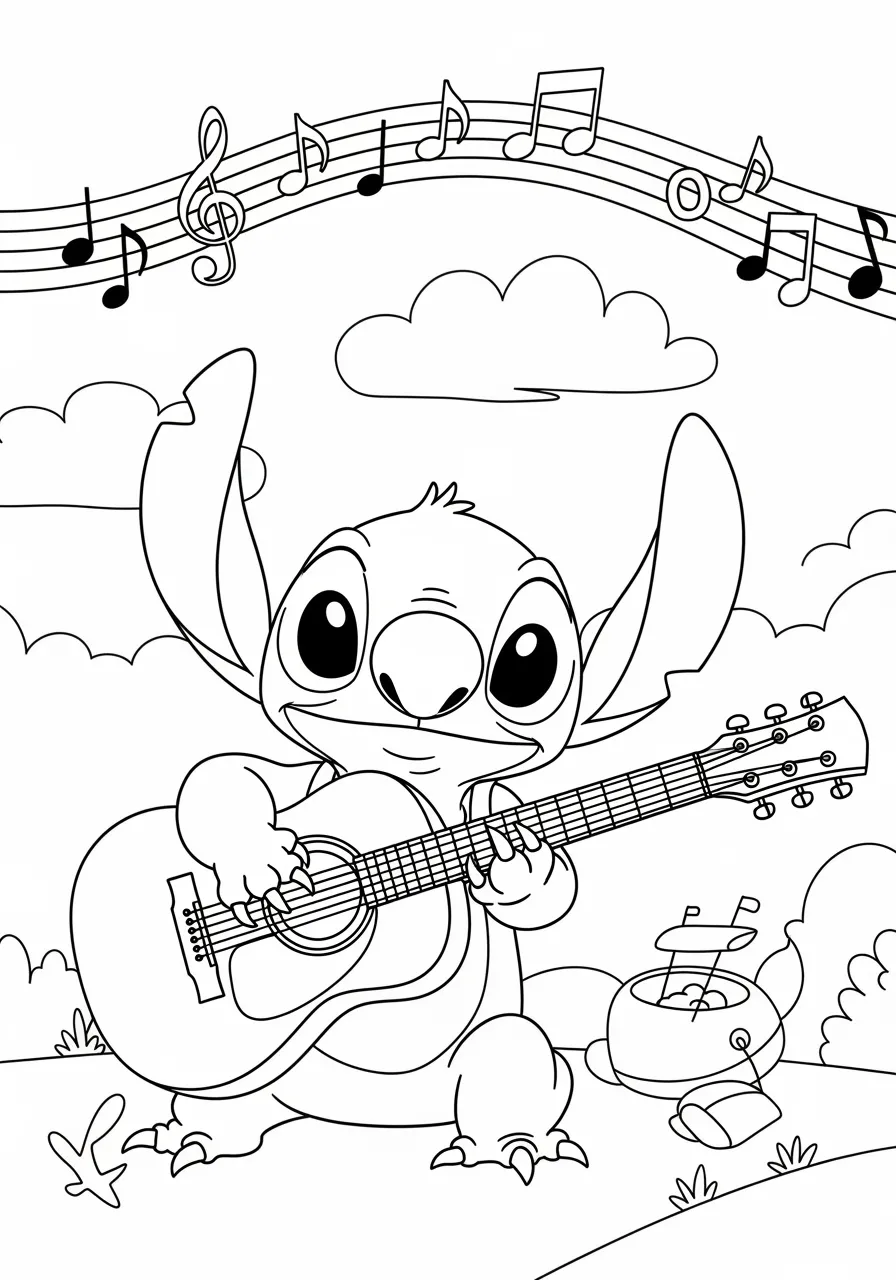 Imagem para colorir do Stitch tocando violão com notas musicais ao fundo