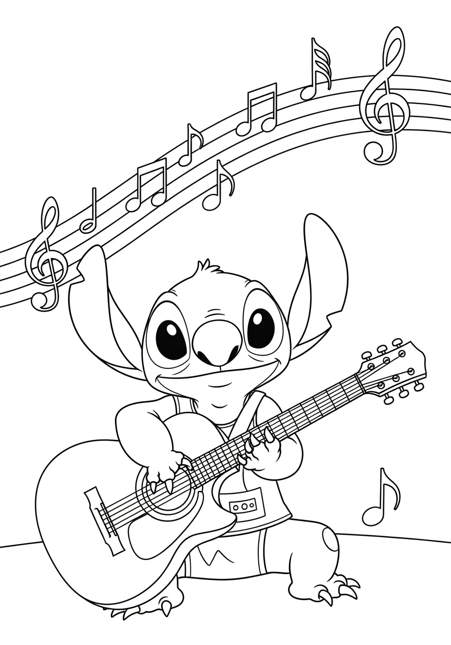 Stitch tocando violão com notas musicais ao fundo