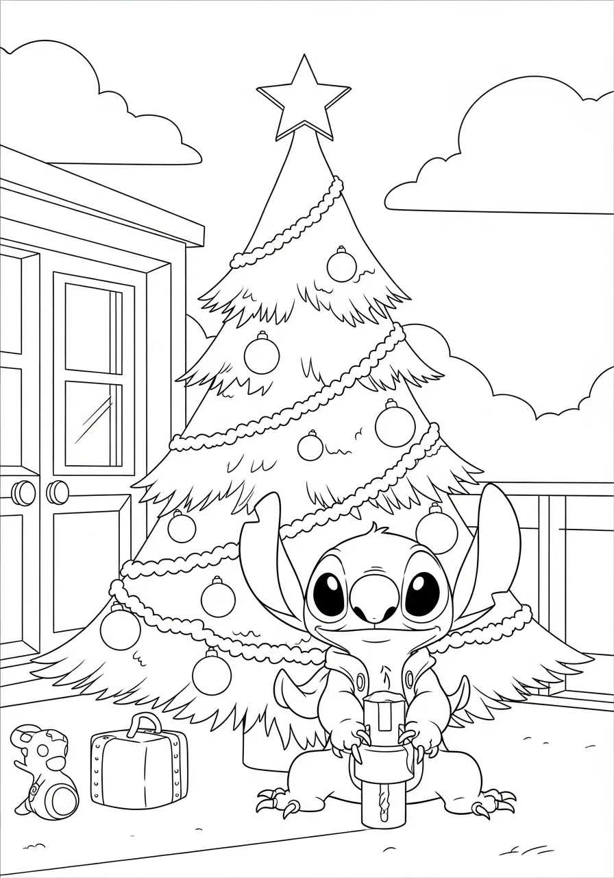 Desenho para colorir do Stitch ao lado de uma árvore de Natal decorada