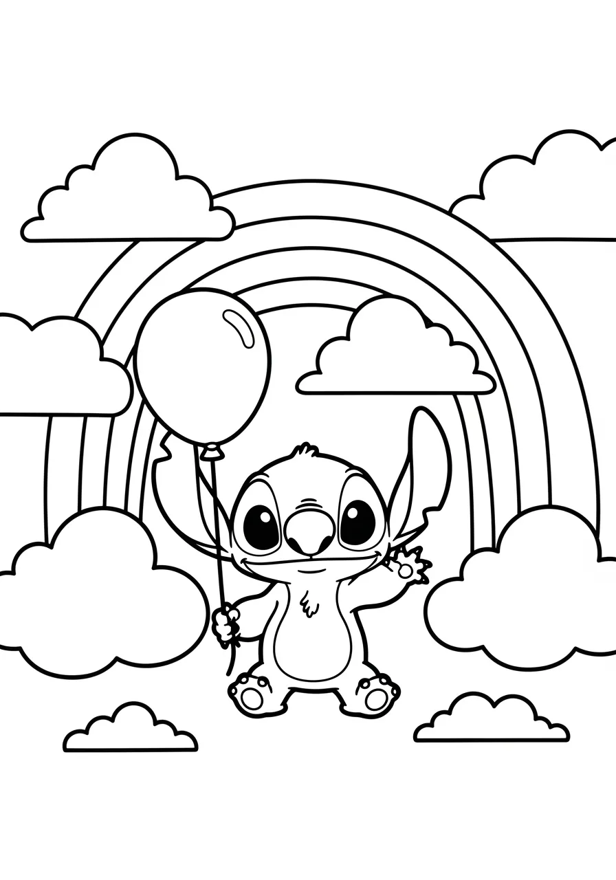 Desenho do Stitch segurando um balão sob um arco-íris e nuvens para colorir