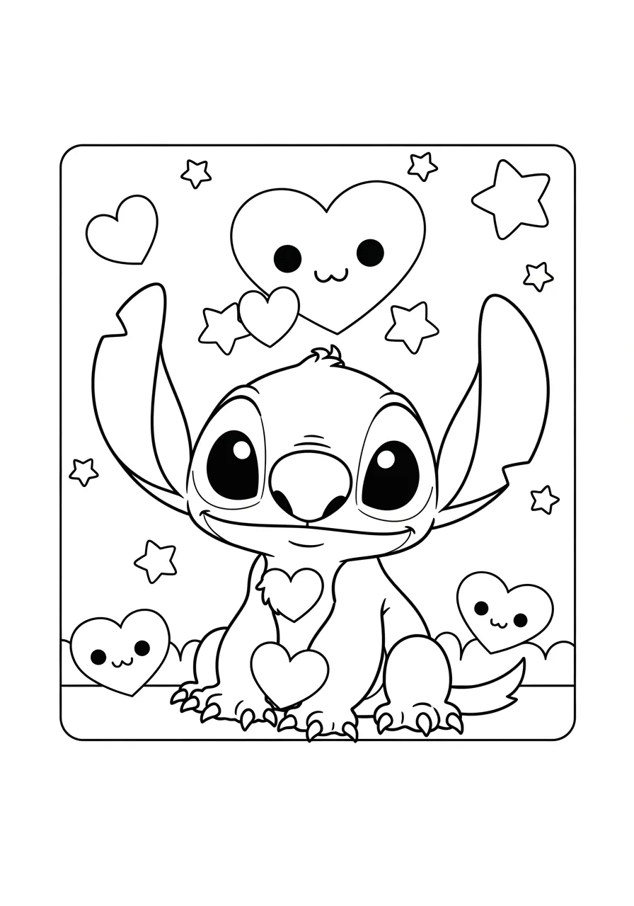 Desenho para colorir do Stitch com corações e estrelas