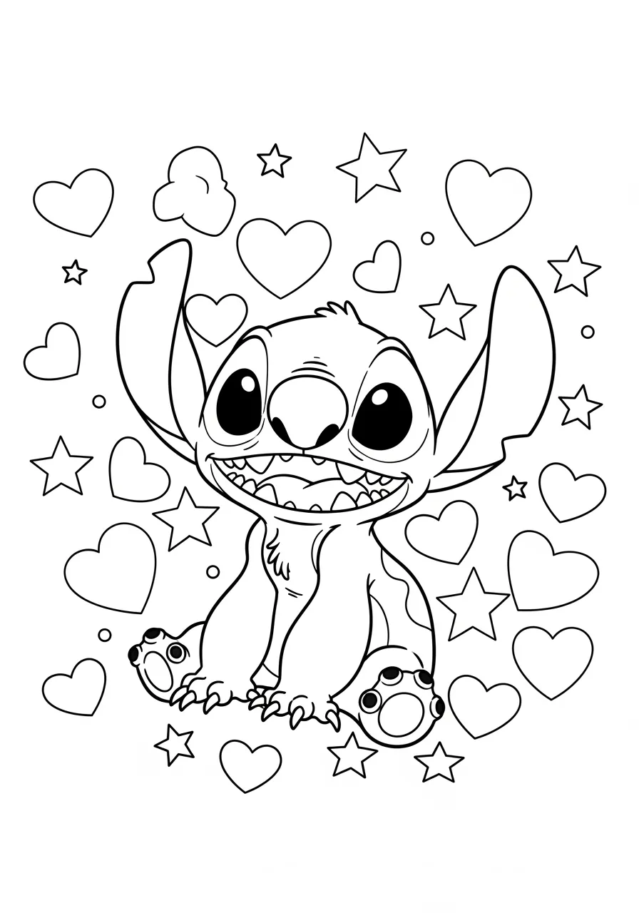 Desenho para colorir do Stitch rodeado de corações e estrelas