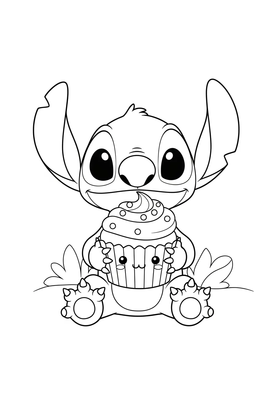 Desenho do Stitch segurando um cupcake para colorir