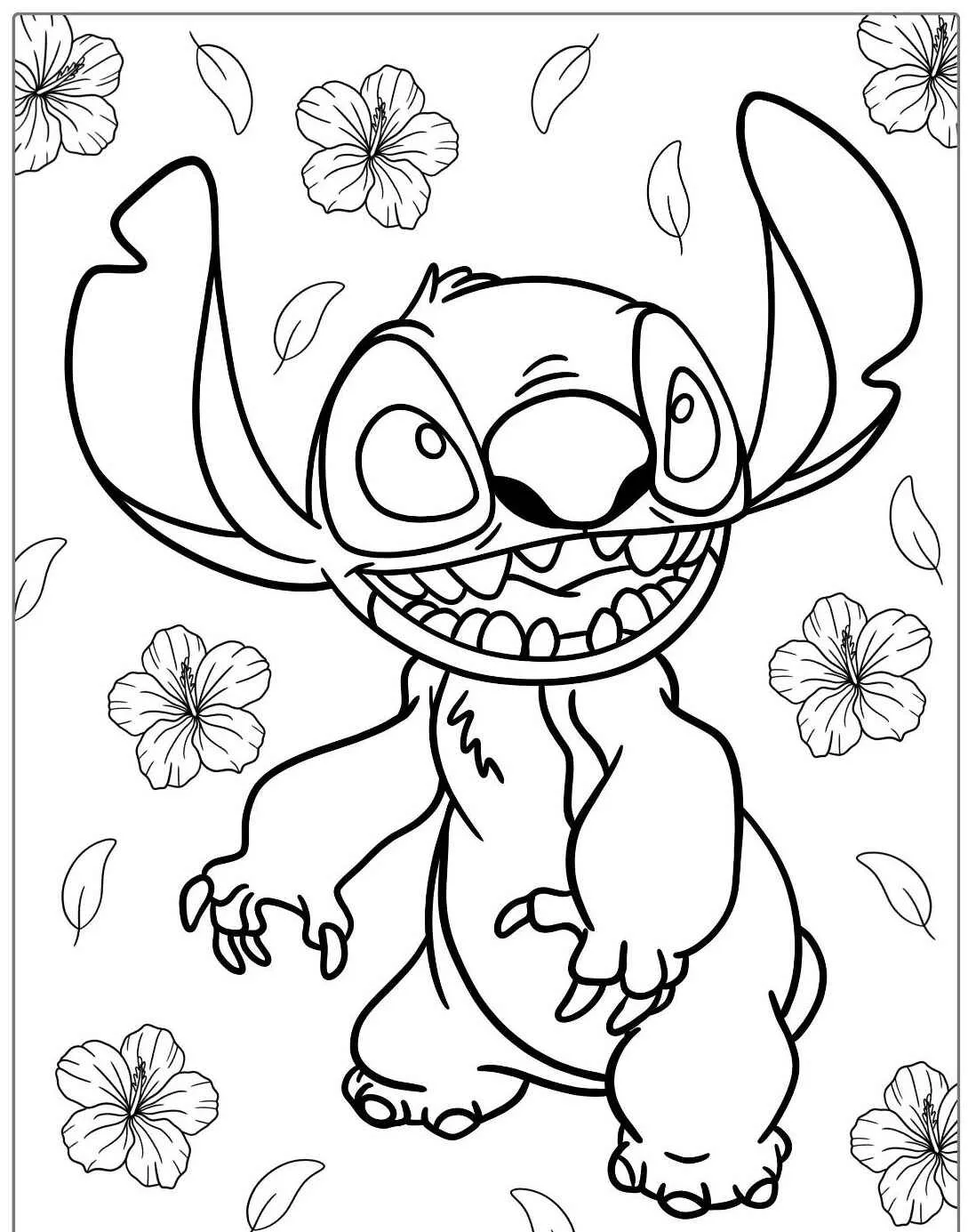 Desenho para colorir do Stitch rodeado por flores tropicais