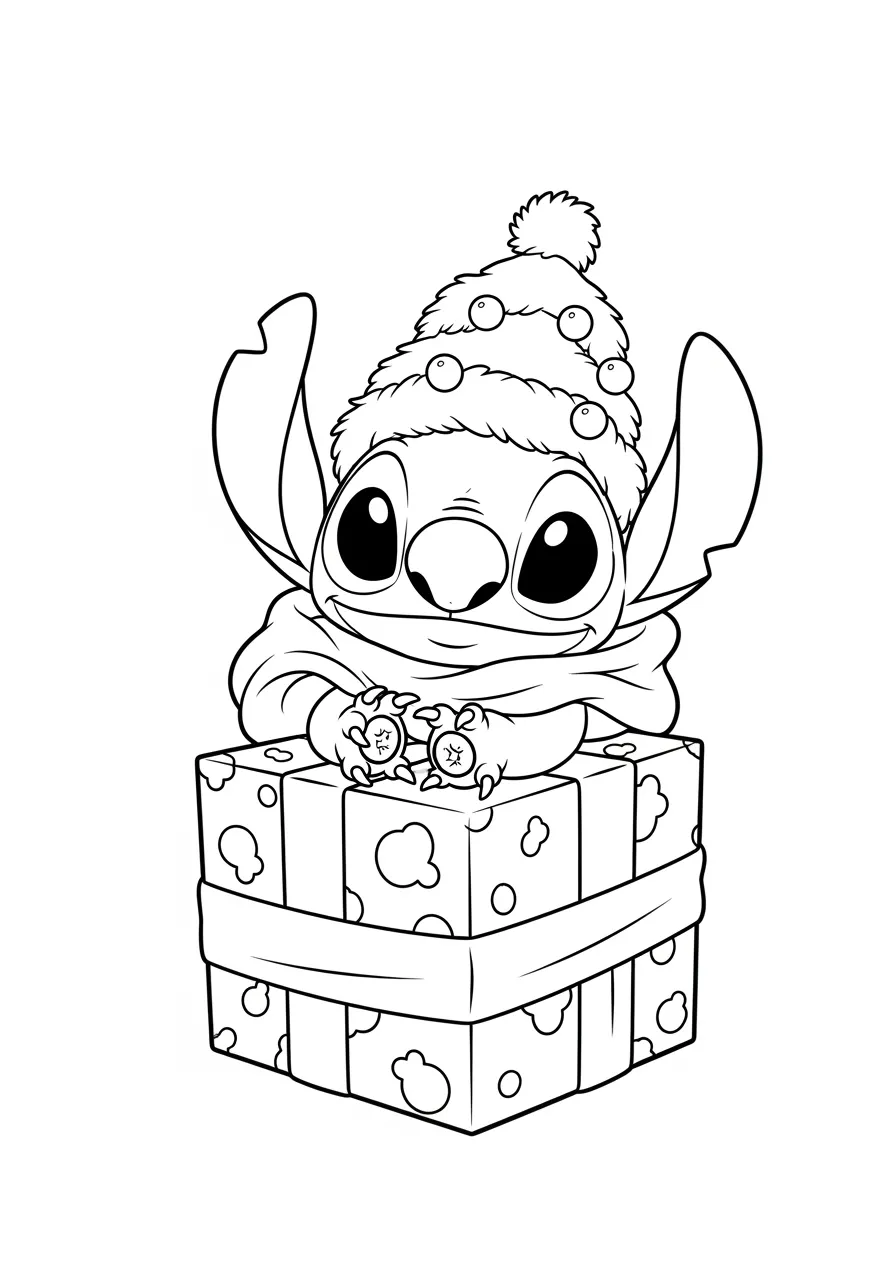 Desenho para colorir do Stitch com um presente e gorro de natal