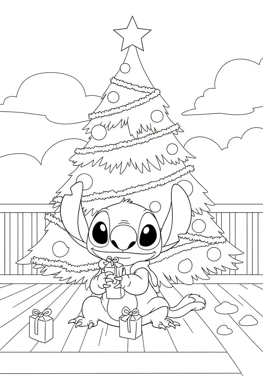 Desenho para colorir do Stitch segurando presentes ao lado de uma árvore de Natal