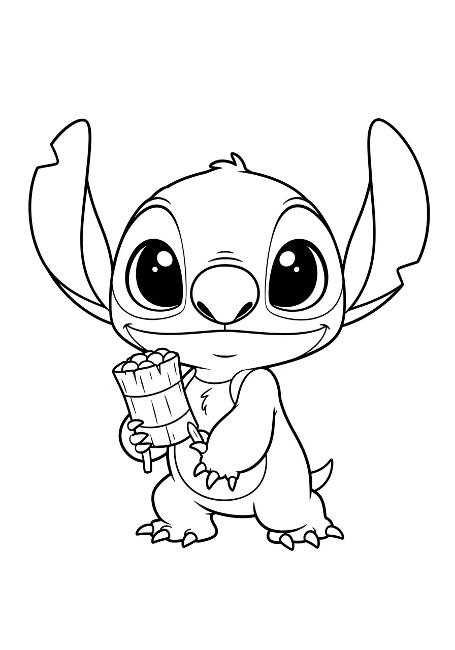 Desenho para colorir do Stitch segurando um marshmallow