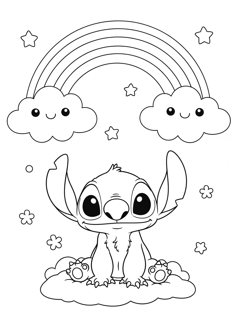 Desenho para colorir do Stitch sentado em nuvens com arco-íris e estrelas