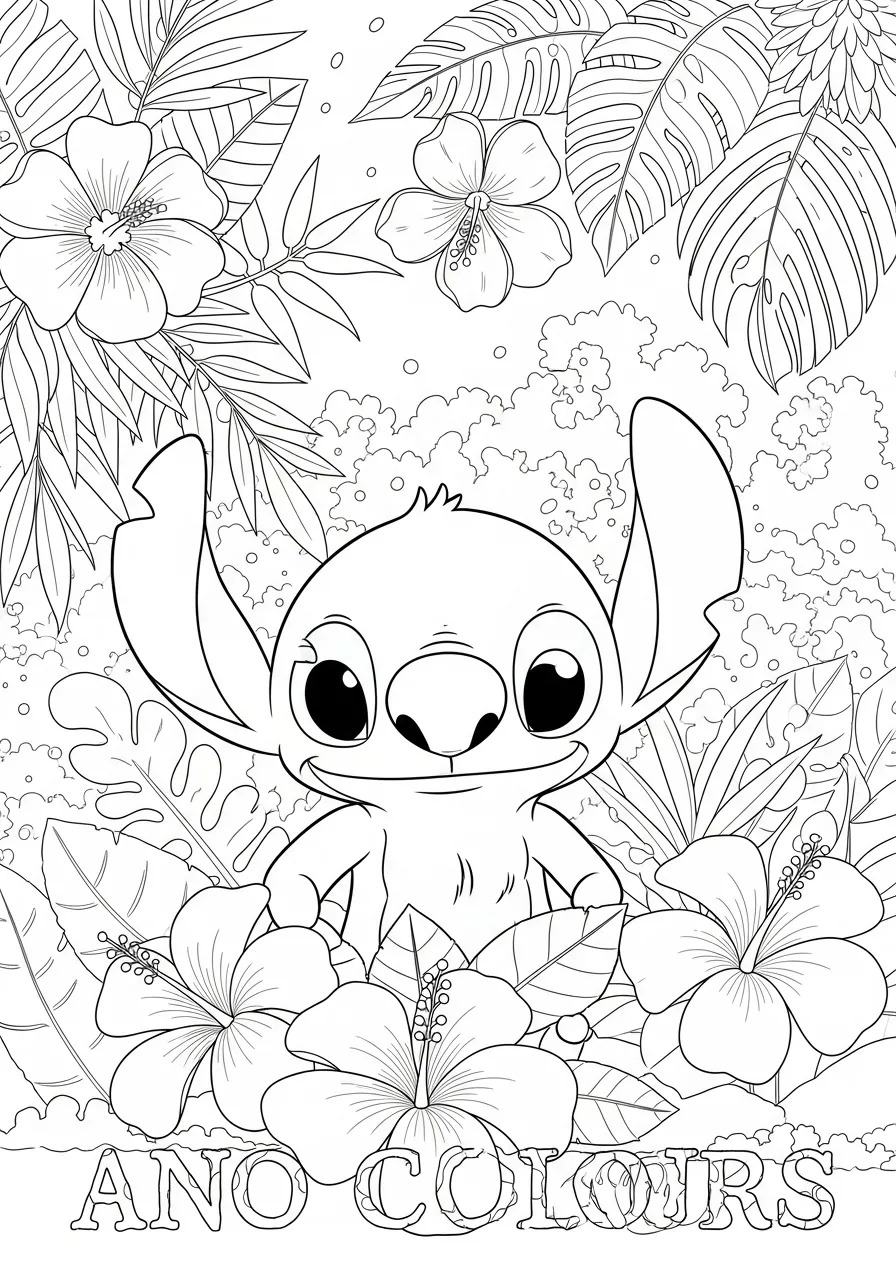 Desenho do Stitch rodeado por flores tropicais para colorir