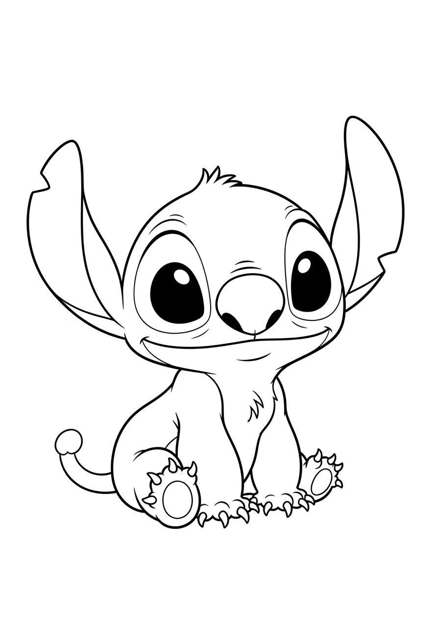 Desenho em preto e branco do Stitch sentado, pronto para ser colorido