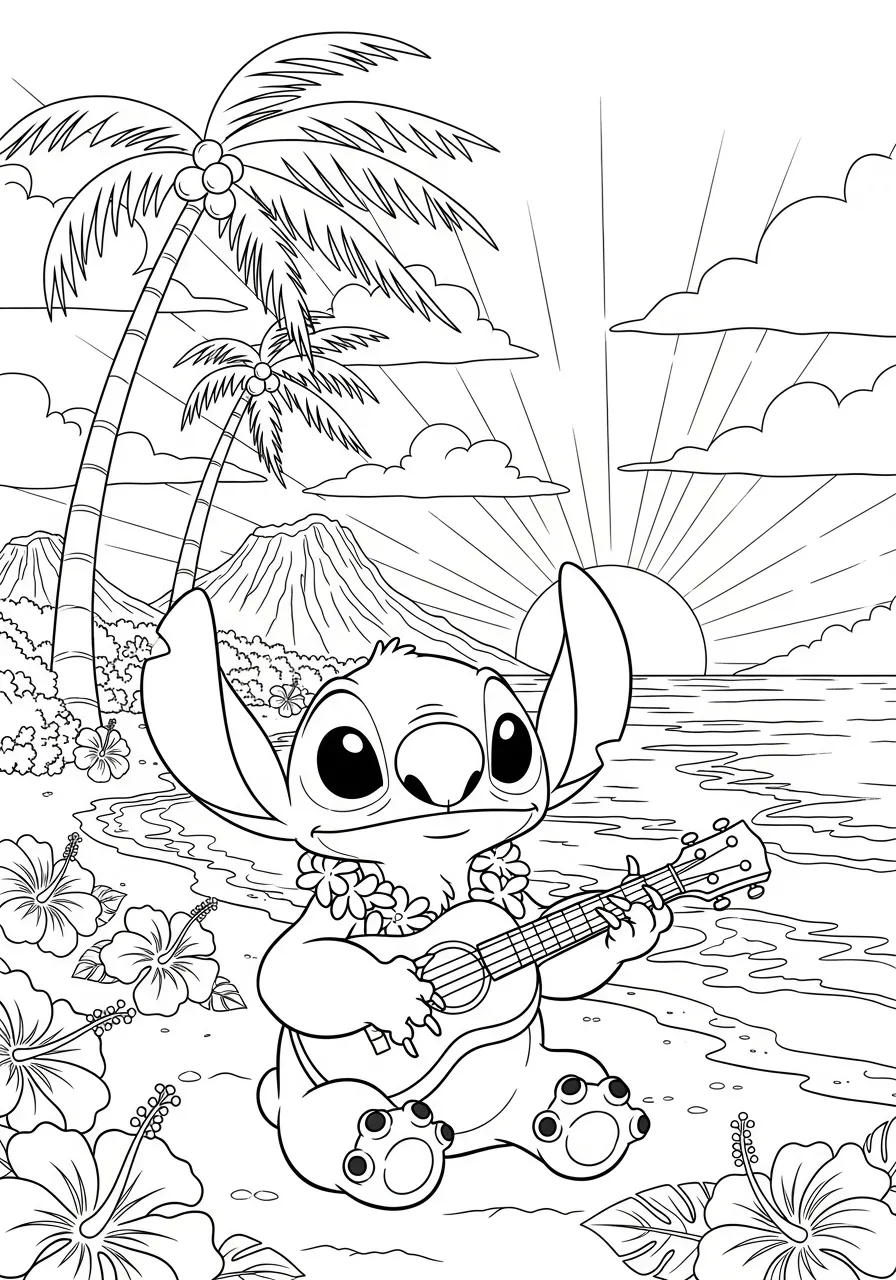 Desenho para colorir do Stitch tocando ukulele em uma praia ao pôr do sol