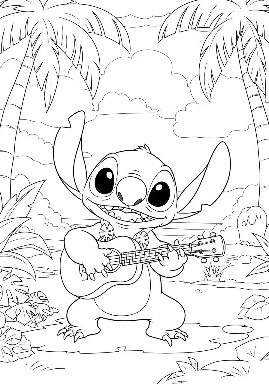 Desenho do Stitch sorridente tocando violão em um cenário tropical