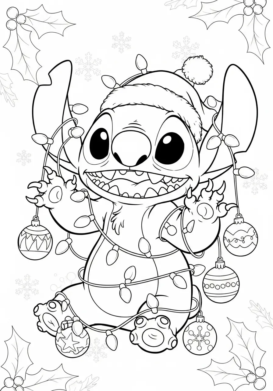 Desenho do Stitch com um gorro de Natal segurando luzes e enfeites
