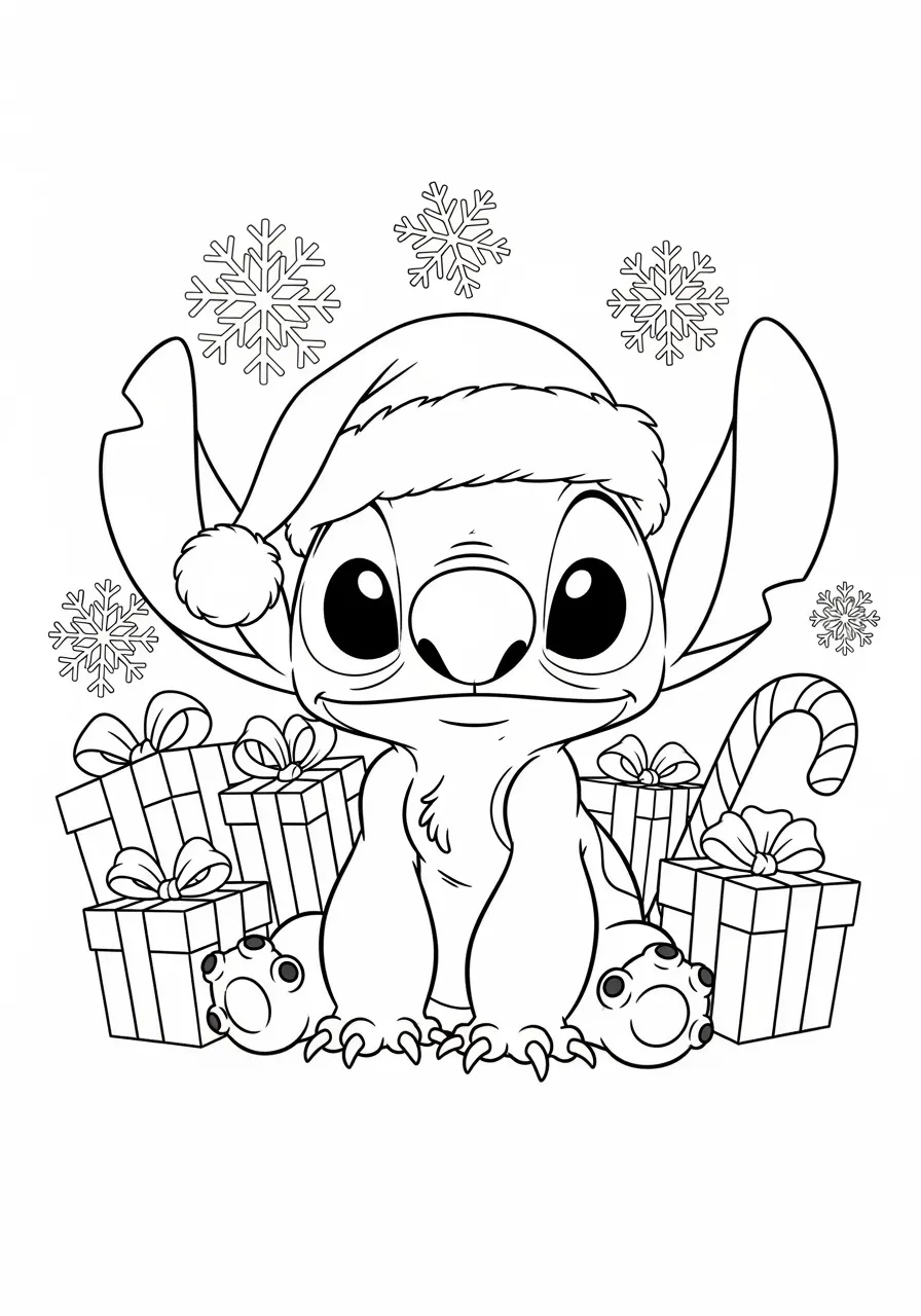 Imagem de Stitch com gorro de Natal cercado por presentes e flocos de neve para colorir