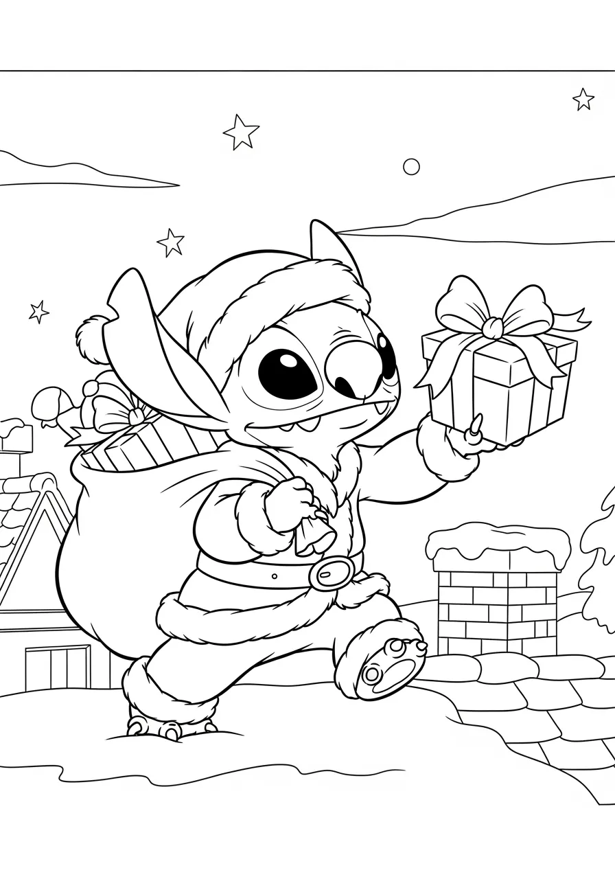 Desenho do Stitch vestido de Papai Noel segurando presentes