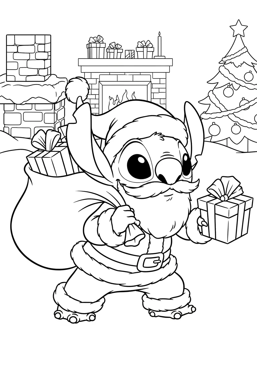 Desenho do Stitch vestido de Papai Noel patinando com uma sacola de presentes