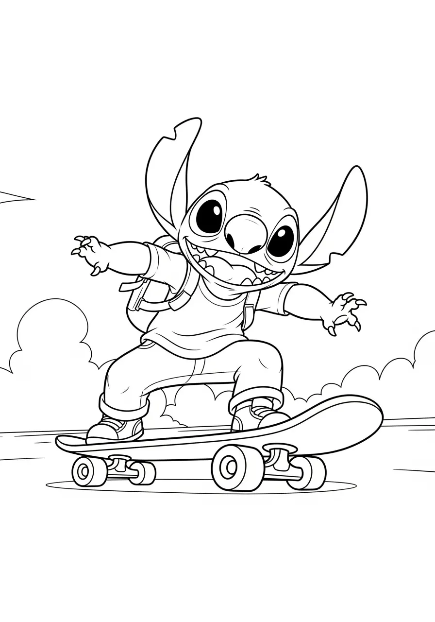 Desenho do Stitch andando de skate para colorir