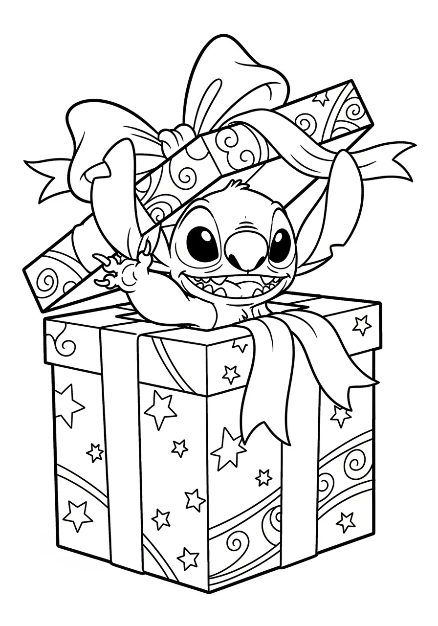 Desenho do Stitch feliz saindo de uma caixa de presente decorada com laços e estrelas.