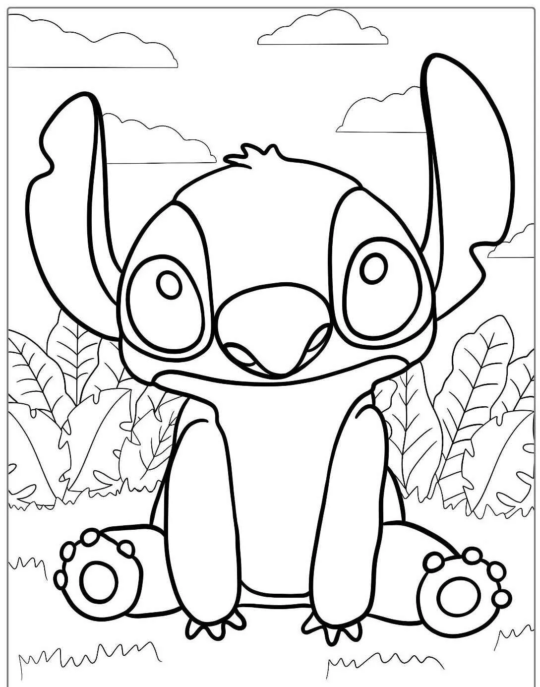 Imagem para colorir do Stitch sentado em um jardim com plantas ao fundo