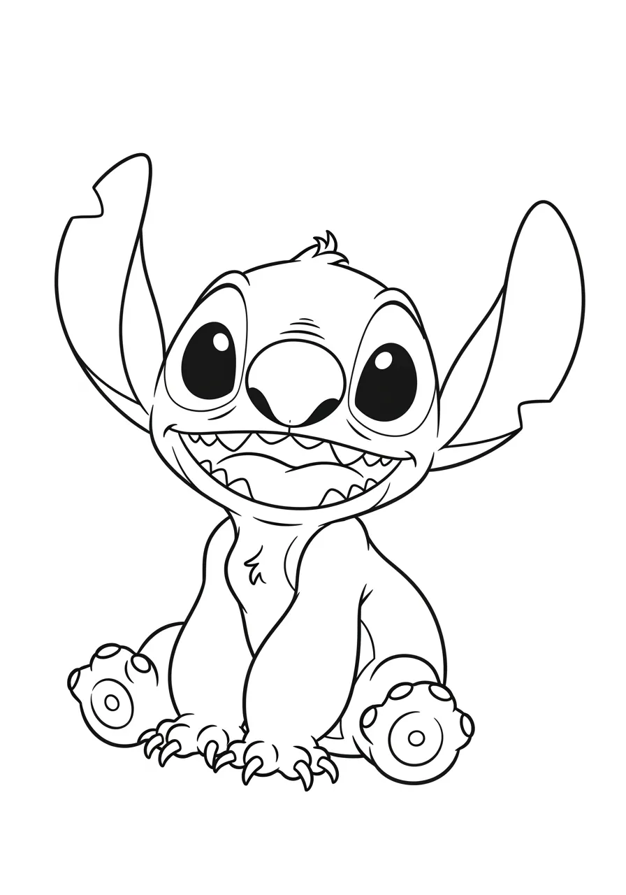 Desenho em preto e branco do Stitch sorridente, ideal para colorir.