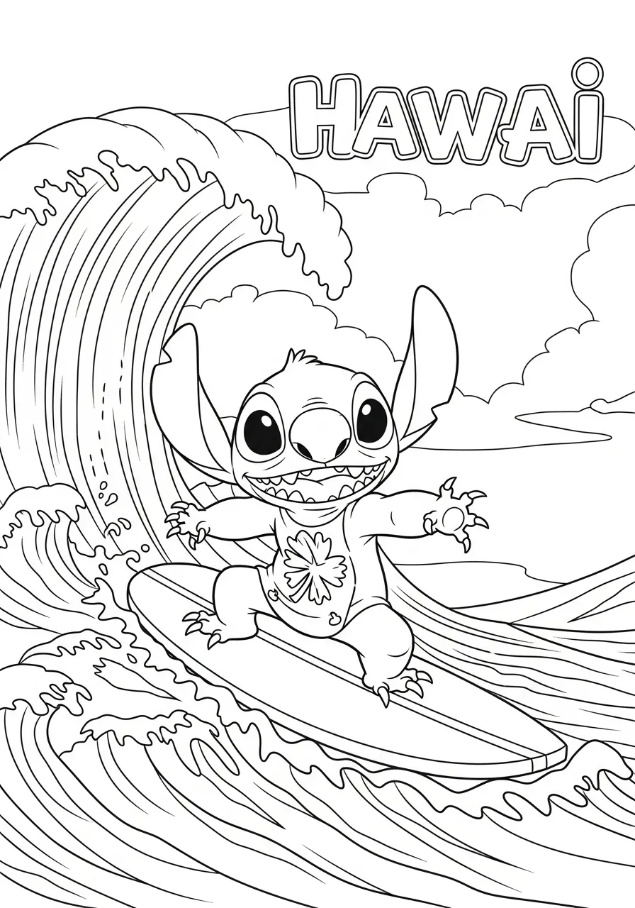 Desenho do Stitch surfando em uma prancha com ondas ao fundo