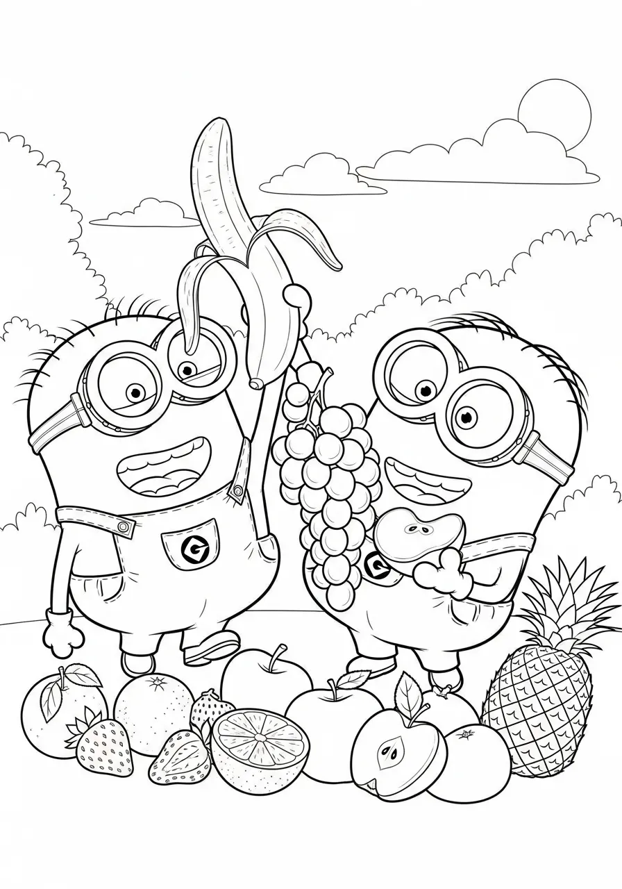 Dois Minions segurando frutas, incluindo uma banana e uvas, em um cenário ao ar livre para colorir