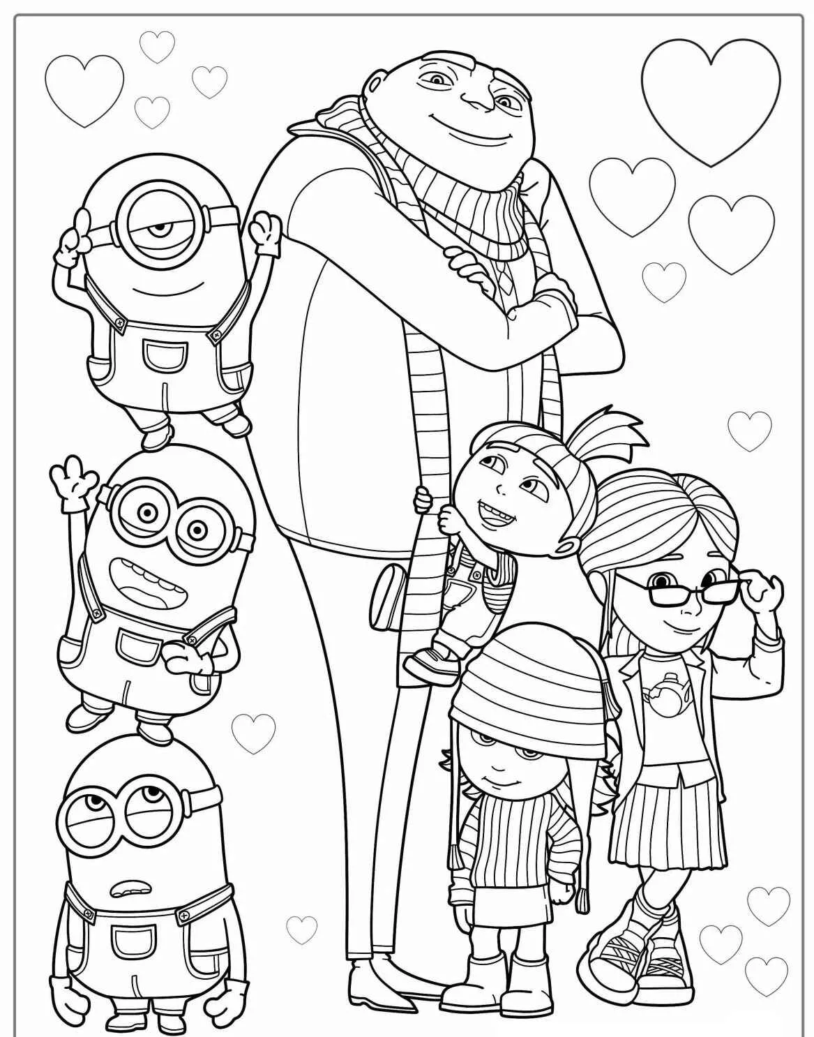 Desenho para colorir dos Minions com Gru e sua família