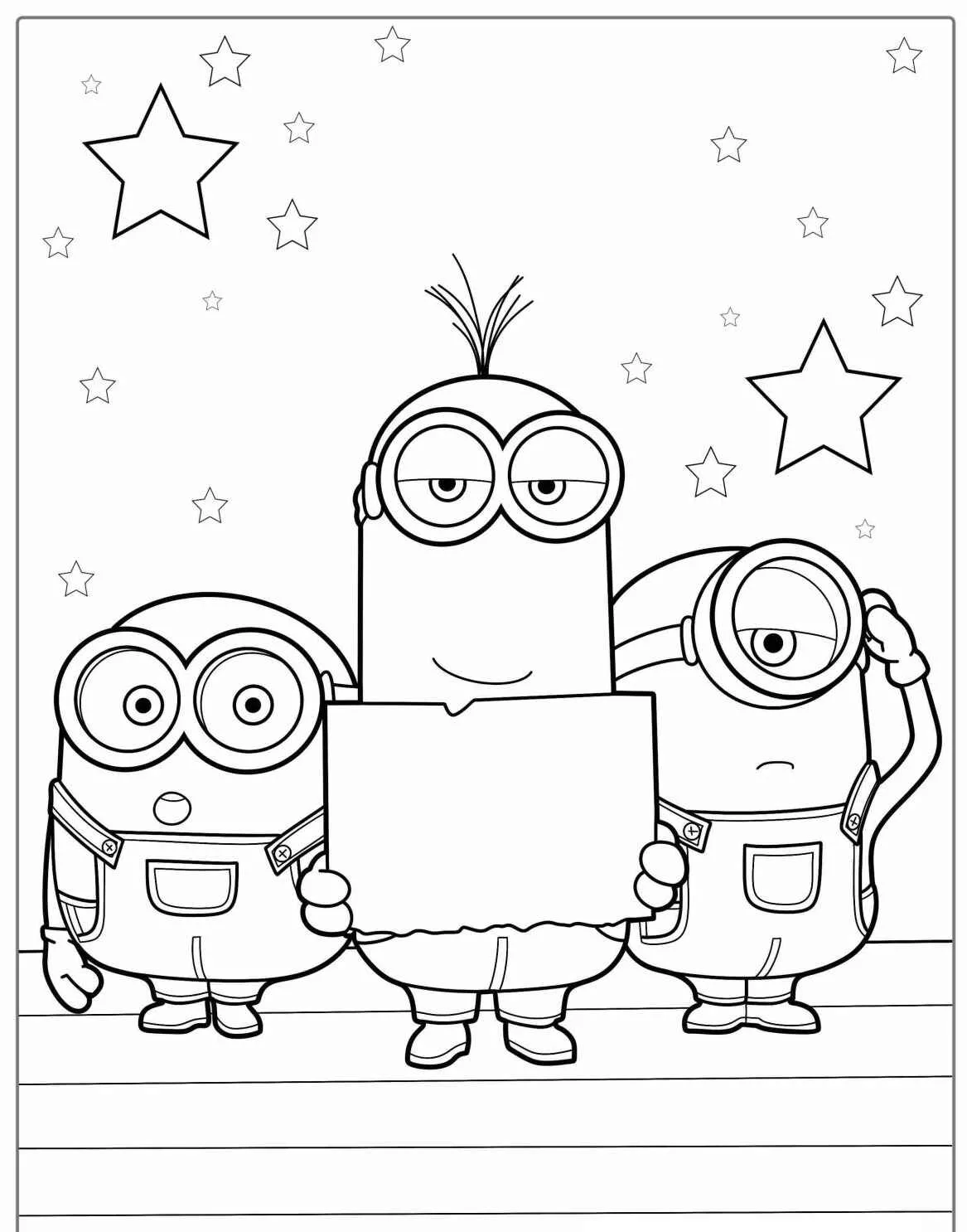 Três Minions segurando uma placa em um cenário com estrelas para colorir